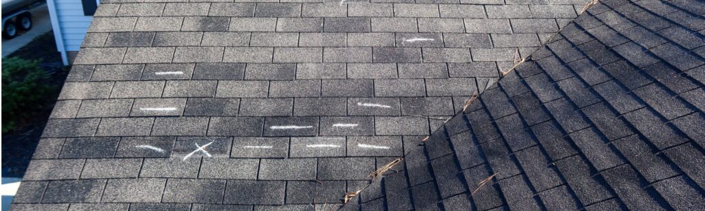 Markings on a roof to show damage before a roofing insurance claim is made.