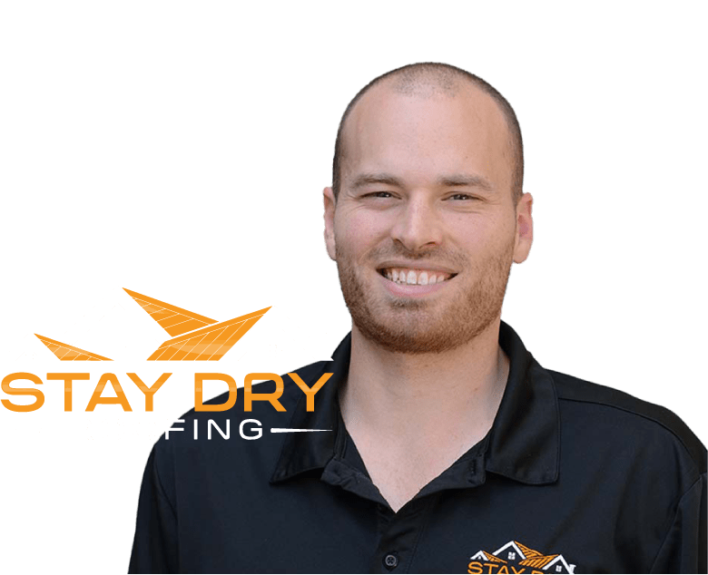 A smiling portrait of Josh Lyon, company president, with his logo for Stay Dry Roofing overlapping his shoulder.