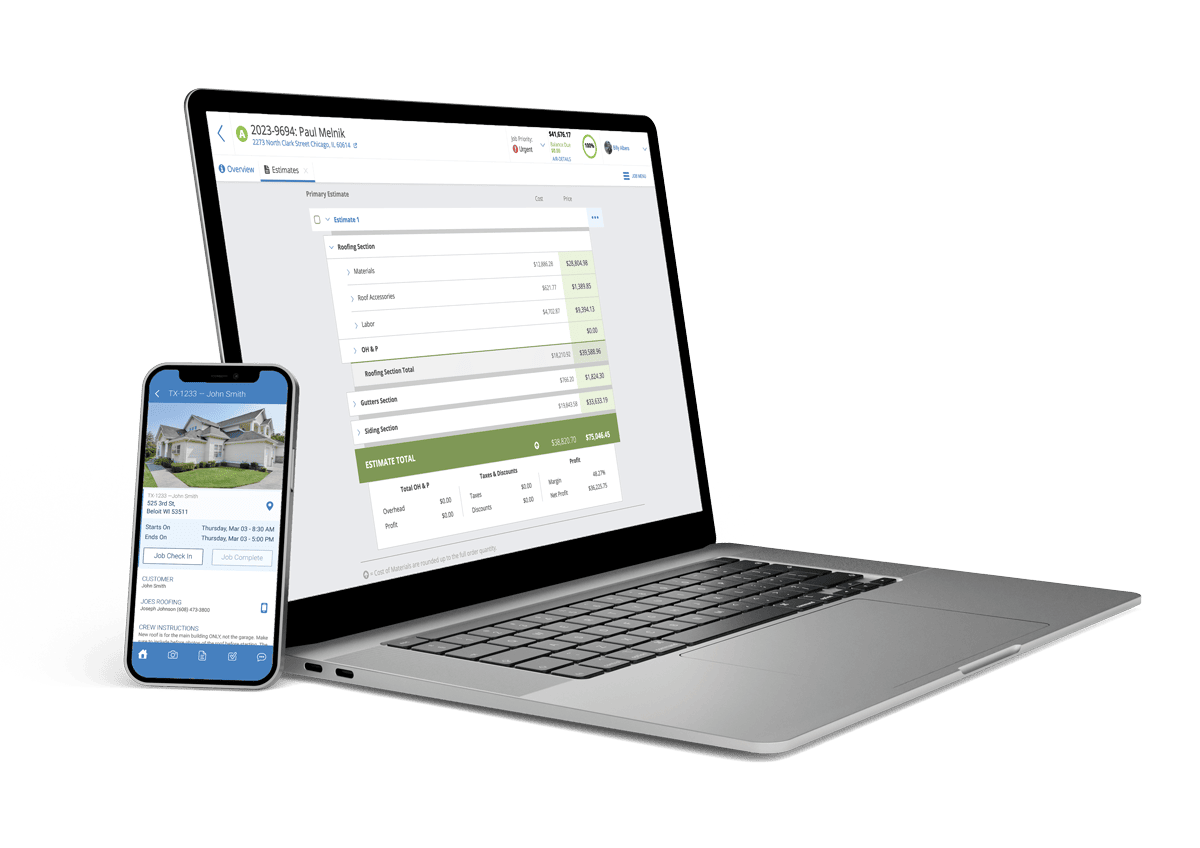 A laptop displaying the Job Estimate page within AccuLynx. Also a phone displaying the mobile Crew App's Job file. AccuLynx makes it easy for roofing companies to manage their business. 