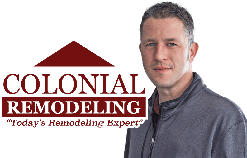 Portrait of Jon Hickox of Colonial Remodeling. His company's logo illustrated beside him with their slogan 