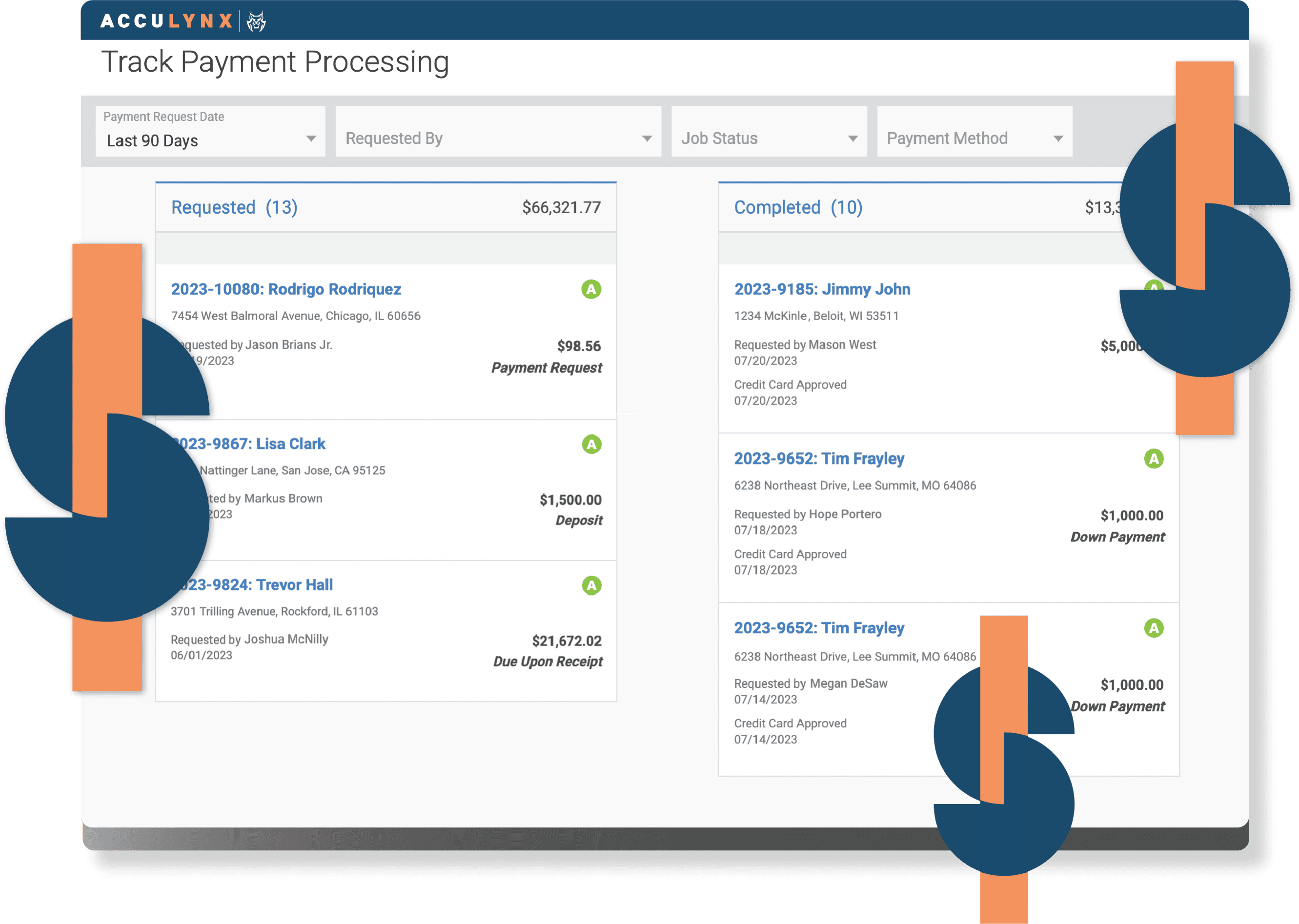 Screenshot of the AccuLynx payment processing tracking tool