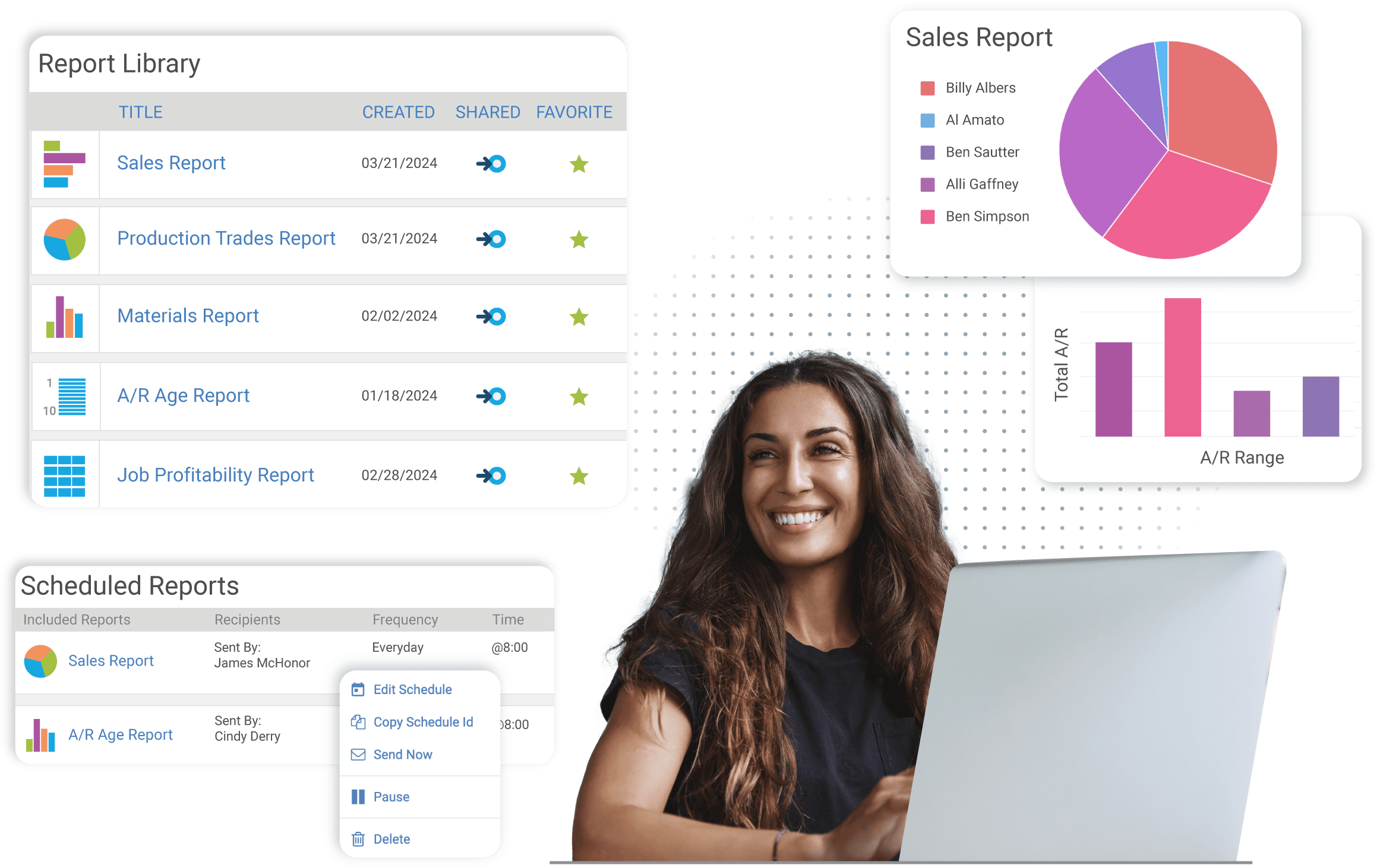 Woman using ReportsPlus by AccuLynx