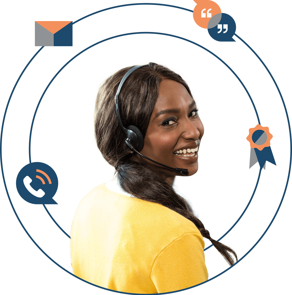 A customer service representative wearing a telephone headset. Around the woman are icons of an envelope, speech bubbles, a speech bubble with a telephone inside, and an award. The icons represent AccuLynx's dedication to excellent customer support.