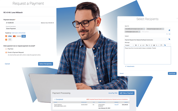 Portrait of a man using AccuPay, AccuLynx's payment processing solution. Three AccuPay computer windows are surrounding his face and torso.