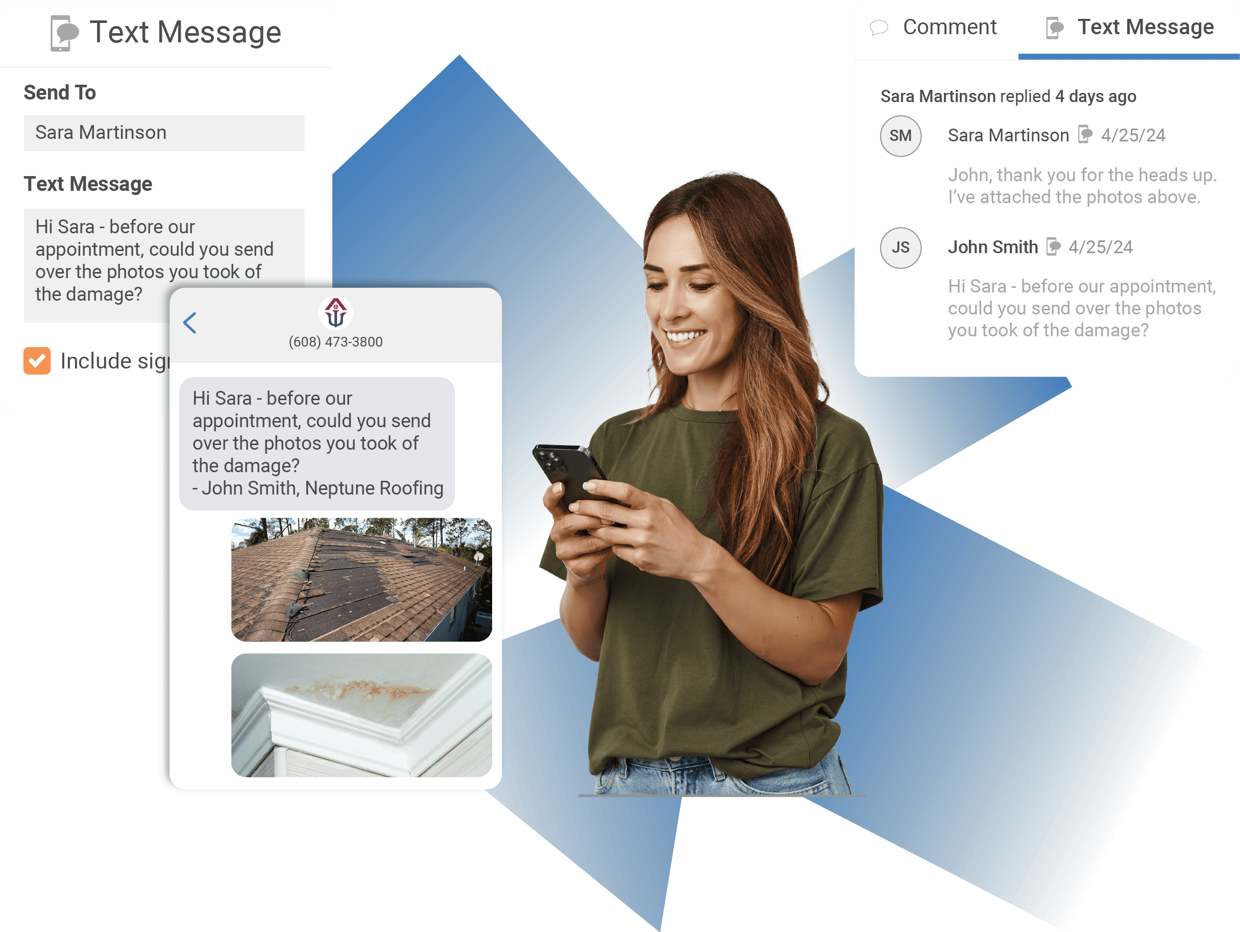 A woman using a phone. AccuLynx text messaging windows are around her, demonstrating how you can use text messaging for roofing.