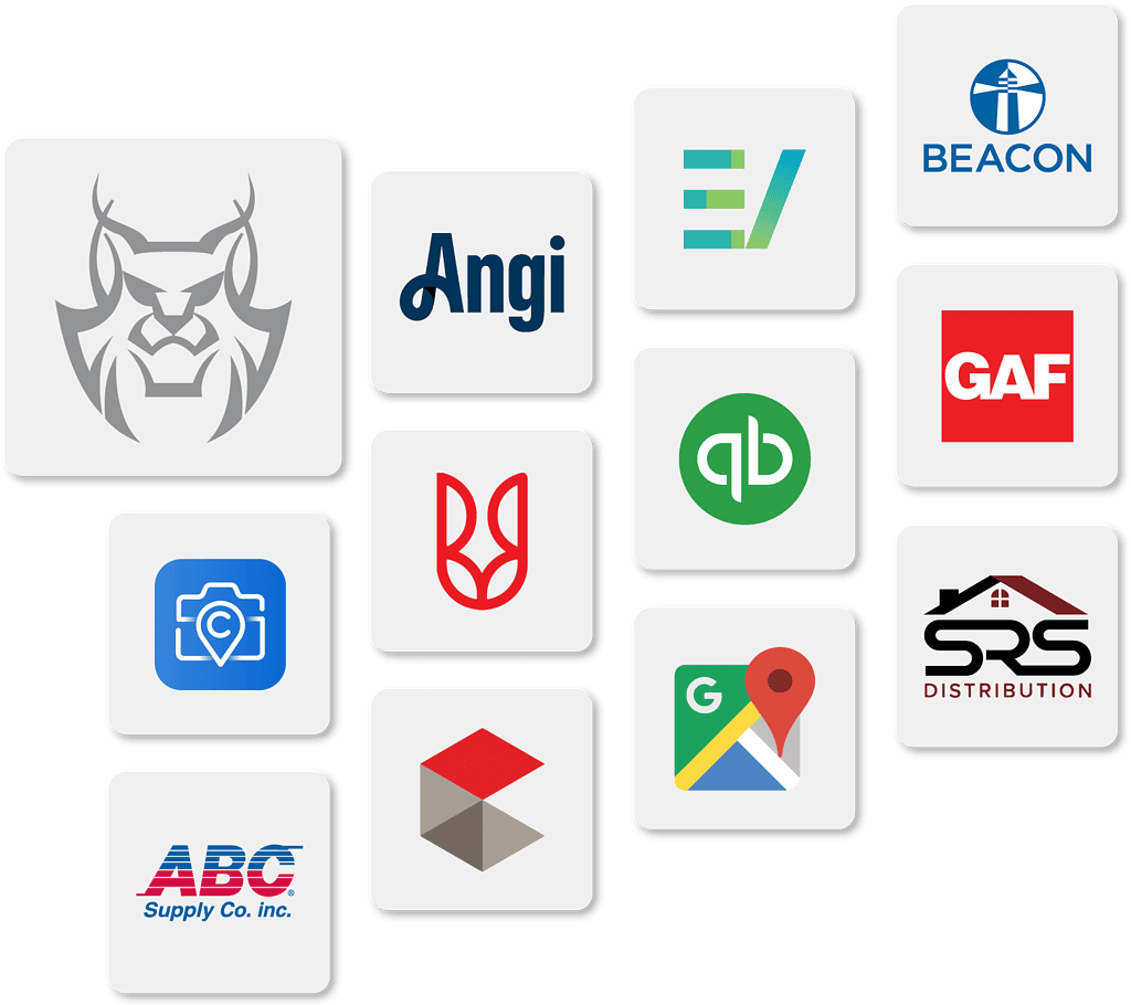 A selection of AccuLynx integrations on a grid, including Angi, EagleView, Beacon, CompanyCam, SalesRabbit, QuickBooks, GAF, ABC Supply, CoreLogic Hail Maps(R), Google, and SRS Distribution