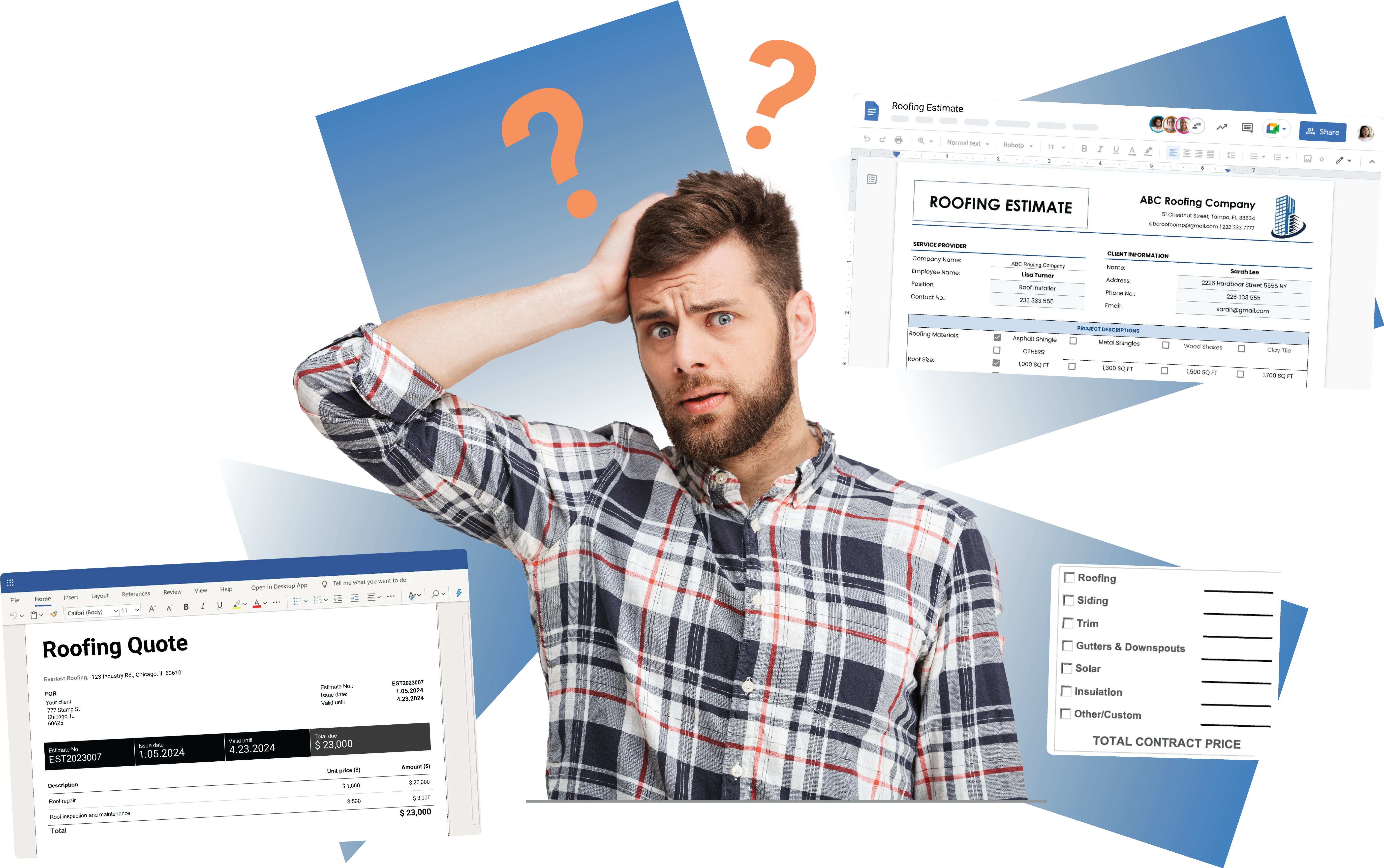 A man is confused, with various inferior roofing quote solutions surrounding him. Two question marks are above his head, as he is seeking the best solution for the job.