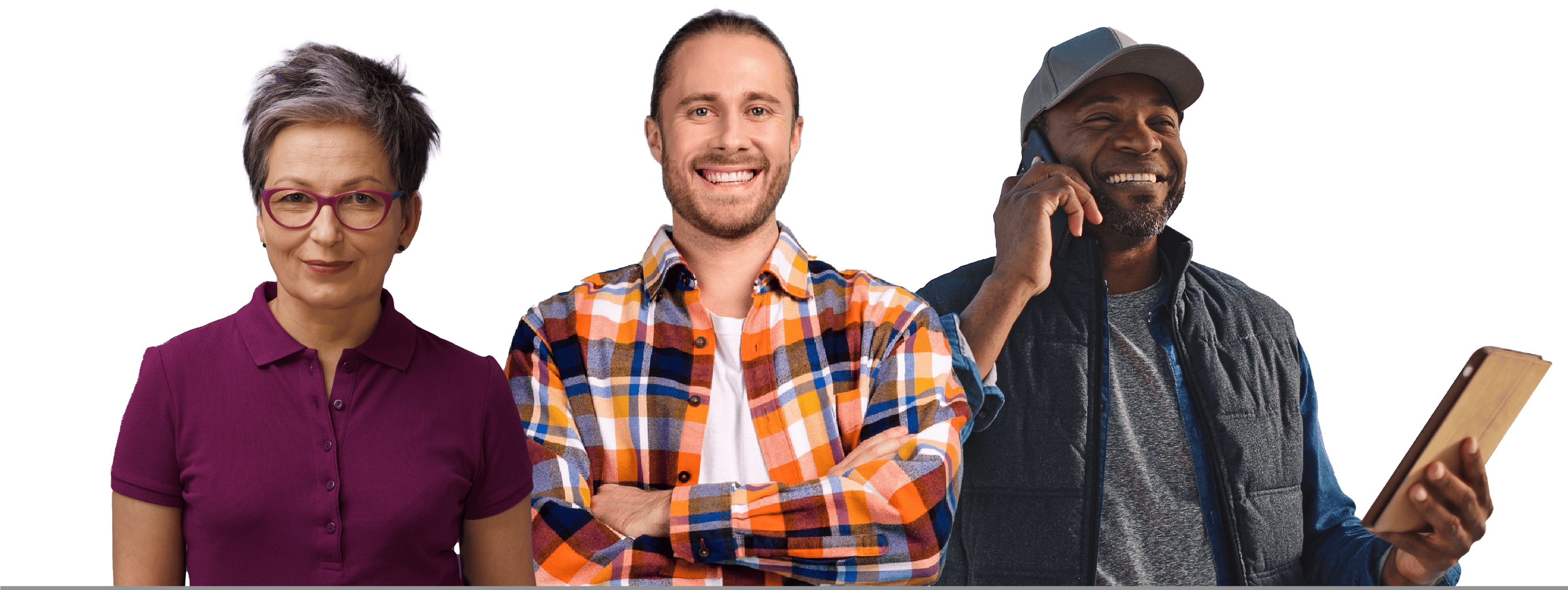 Portraits of 3 people who are planning and preparing for a roofing crew job