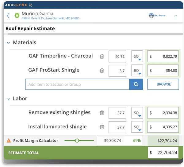 A screenshot of a roofing estimate in AccuLynx, roofing estimate software