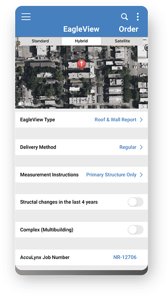 Screenshot of AccuLynx displaying an EagleView order on the AccuLynx Field App.