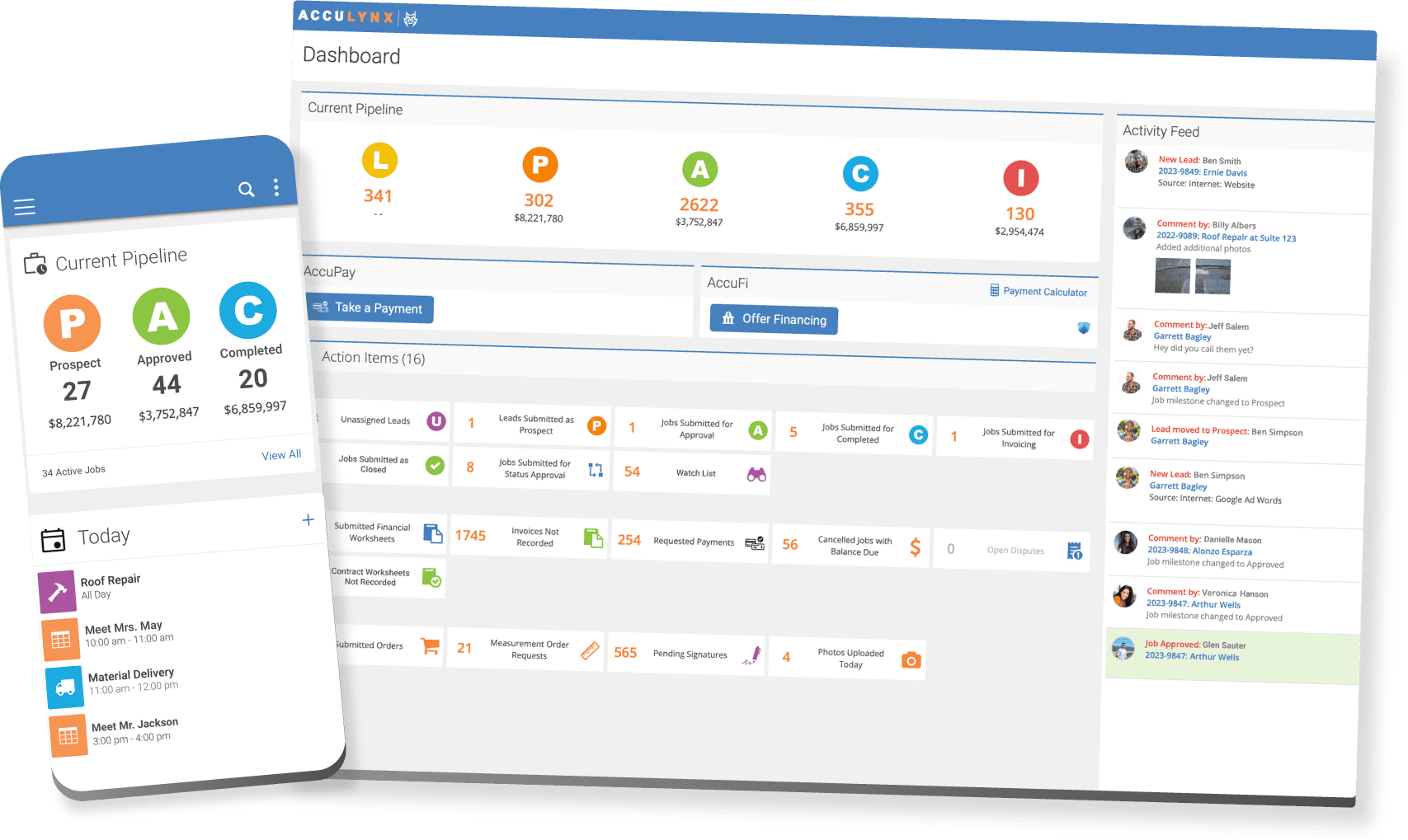 AccuLynx roofing crm desktop and phone dashboard