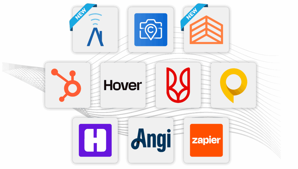 AccuLynx has app connections with RoofSnap, CompanyCam, Roofle, Zapier, HubSpot, SalesRabbit, Spotio, Hover, Hatch, and Angi.