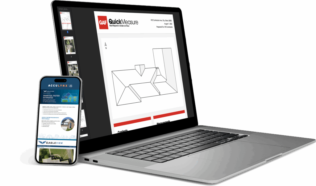Laptop displaying a GAF QuickMeasure report, and a phone displaying an Eagleview report. Displaying drone measuring software.
