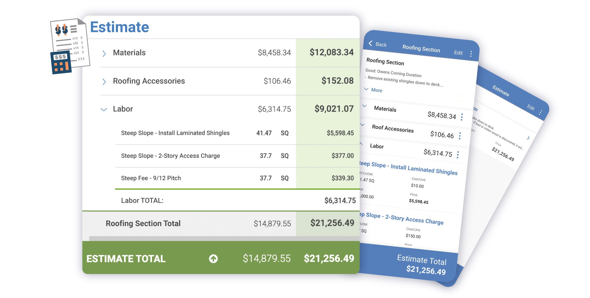 Detailed roofing estimate on AccuLynx roofing software platform showing material, labor costs, and project totals.