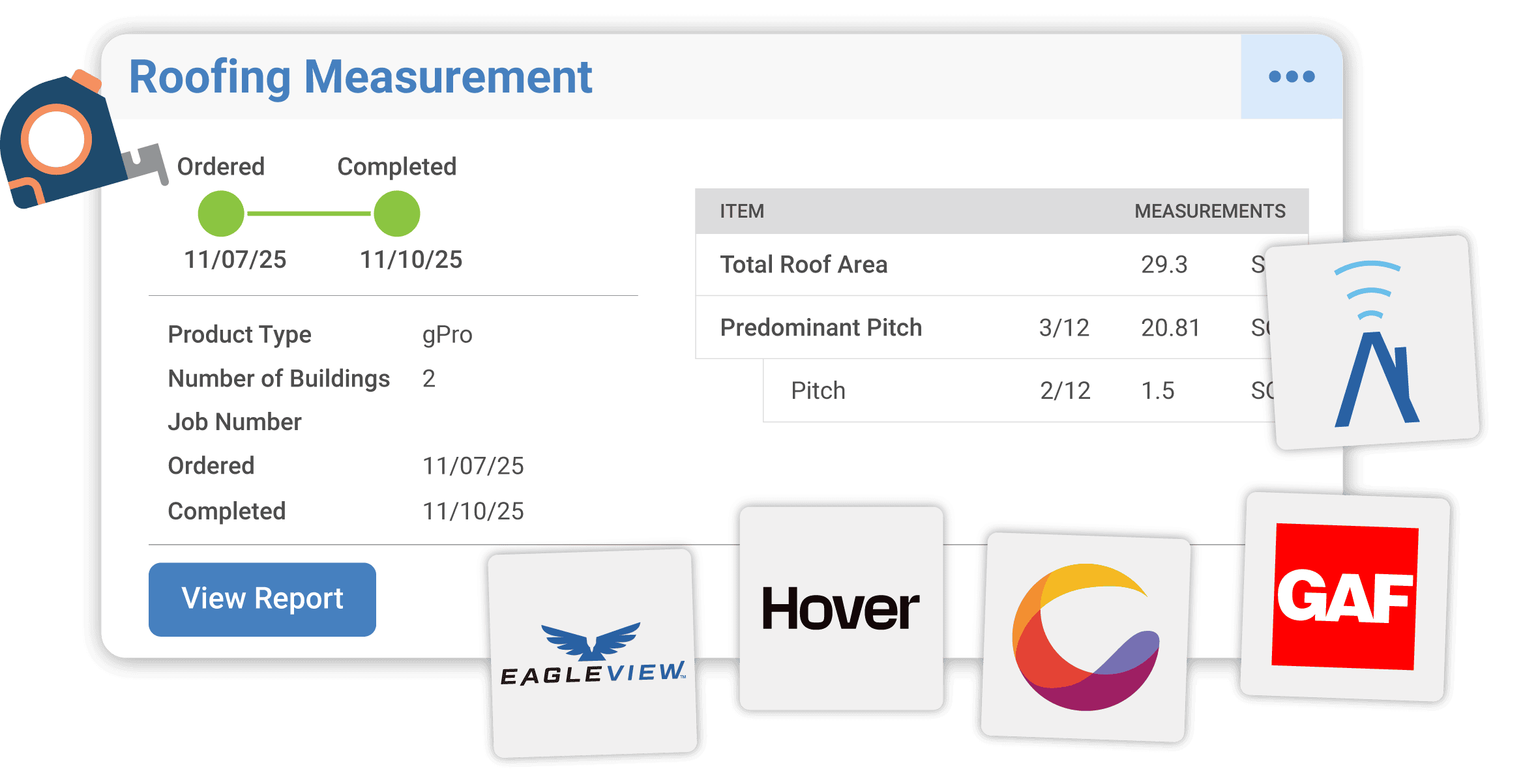 AccuLynx roofing project management software interface showing roof measurement data and client information.