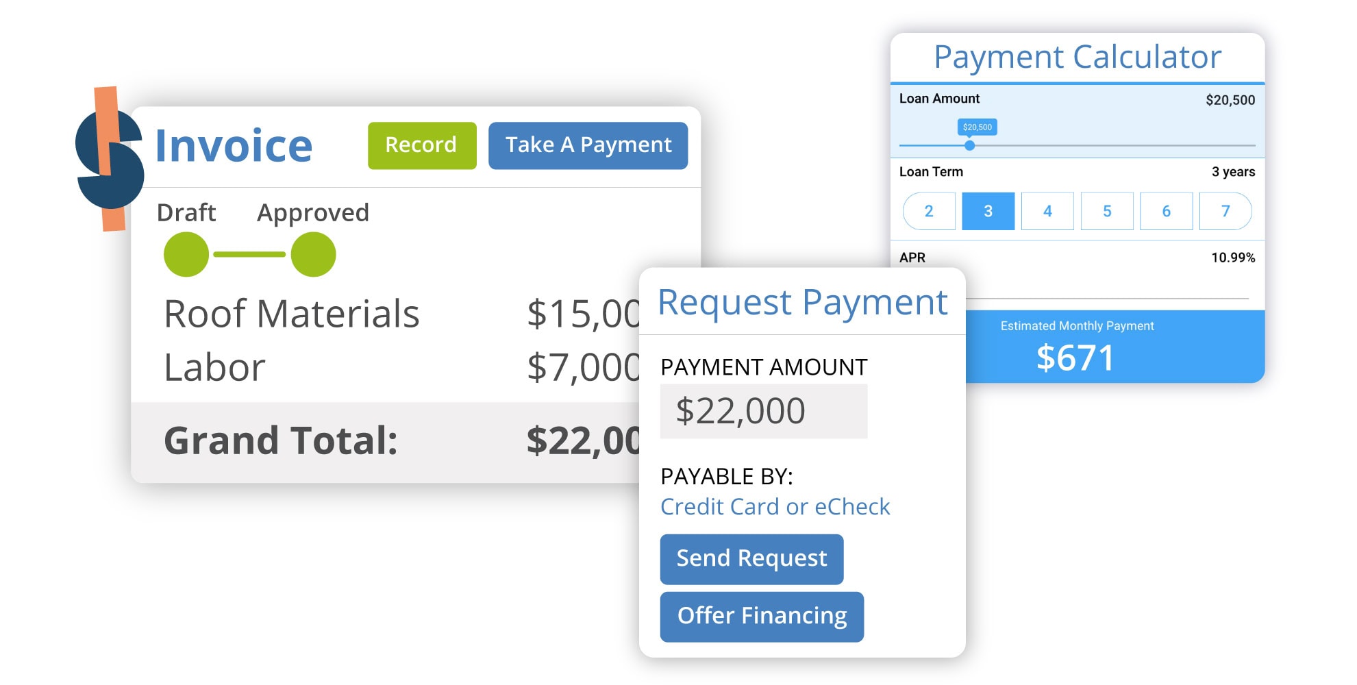 Invoice software interface for roofing project management with payment calculator features.