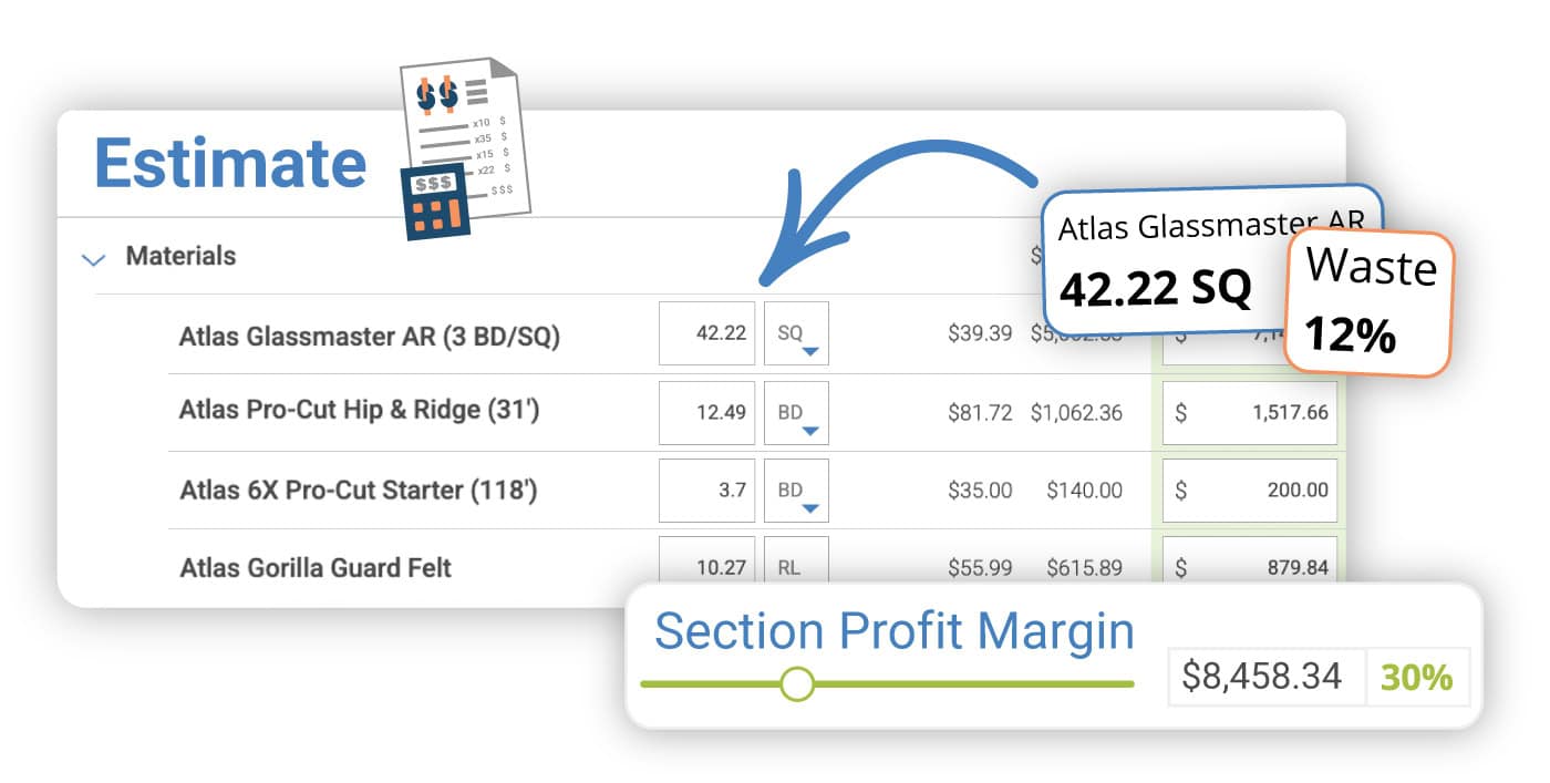 Estimate calculation screen with materials and profit margin for roofing projects.